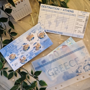 Grecia - Set di risparmio 3 in 1 per viaggi A6 / Busta in pergamena con inserimento di contanti / Set di sfida per il risparmio in Grecia con tracker della carta d'imbarco