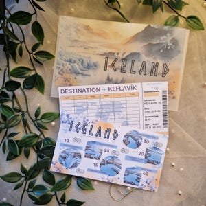 Set di risparmio 3 in 1 per viaggi in Islanda A6 / Busta in pergamena con inserimento di contanti / Set di sfida per il risparmio in Islanda con tracker della carta d'imbarco