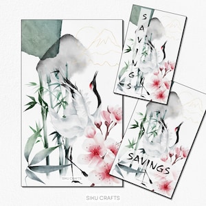 Könnte beinhalten: Drei rechteckige Kunstdrucke mit Aquarellillustrationen von weißen Kranichen, grünen Bambusstangen und rosa Kirschblüten. Die Designs enthalten feine goldene Bergumrisse und den auf zwei der Drucke aufgedruckten Text SAVINGS.