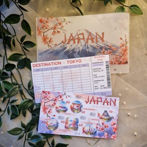 Set di risparmio per viaggi 3 in 1 in Giappone A6 / Busta in pergamena con inserimento di contanti / Set di sfida per il risparmio in Giappone con tracker della carta d'imbarco