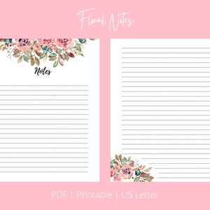 Floral Notes Sheet Printable Notes Sheet Printable 11 X 8.5 Inches, PDF ...