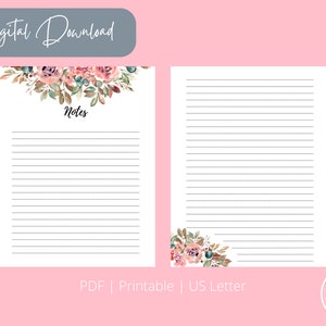 Floral Notes Sheet Printable Notes Sheet Printable 11 X 8.5 Inches, PDF ...
