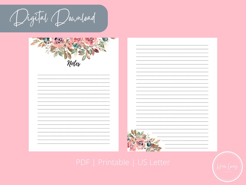 Floral Notes Sheet Printable Notes Sheet Printable 11 X 8.5 Inches, PDF ...