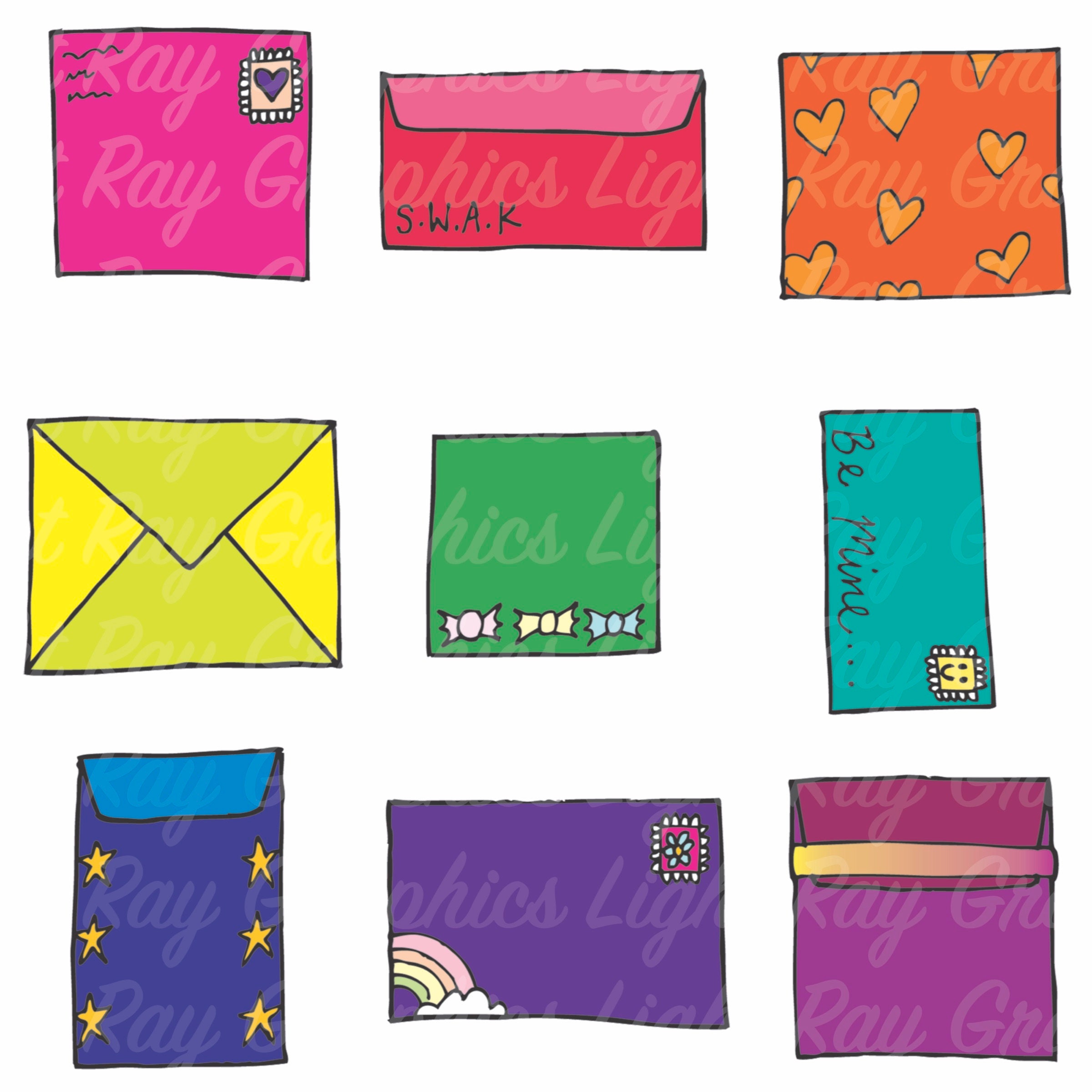 Rainbow Doodle Envelopes Clip Art Set PNG Files With Etsy