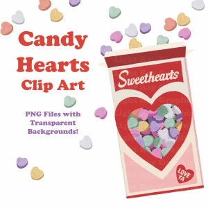 Valentines Candy Sweethearts Conversation Hearts Clip Art, Aquarelle Paint Doodle, Fichiers PNG avec arrière-plans transparents, Téléchargement instantané