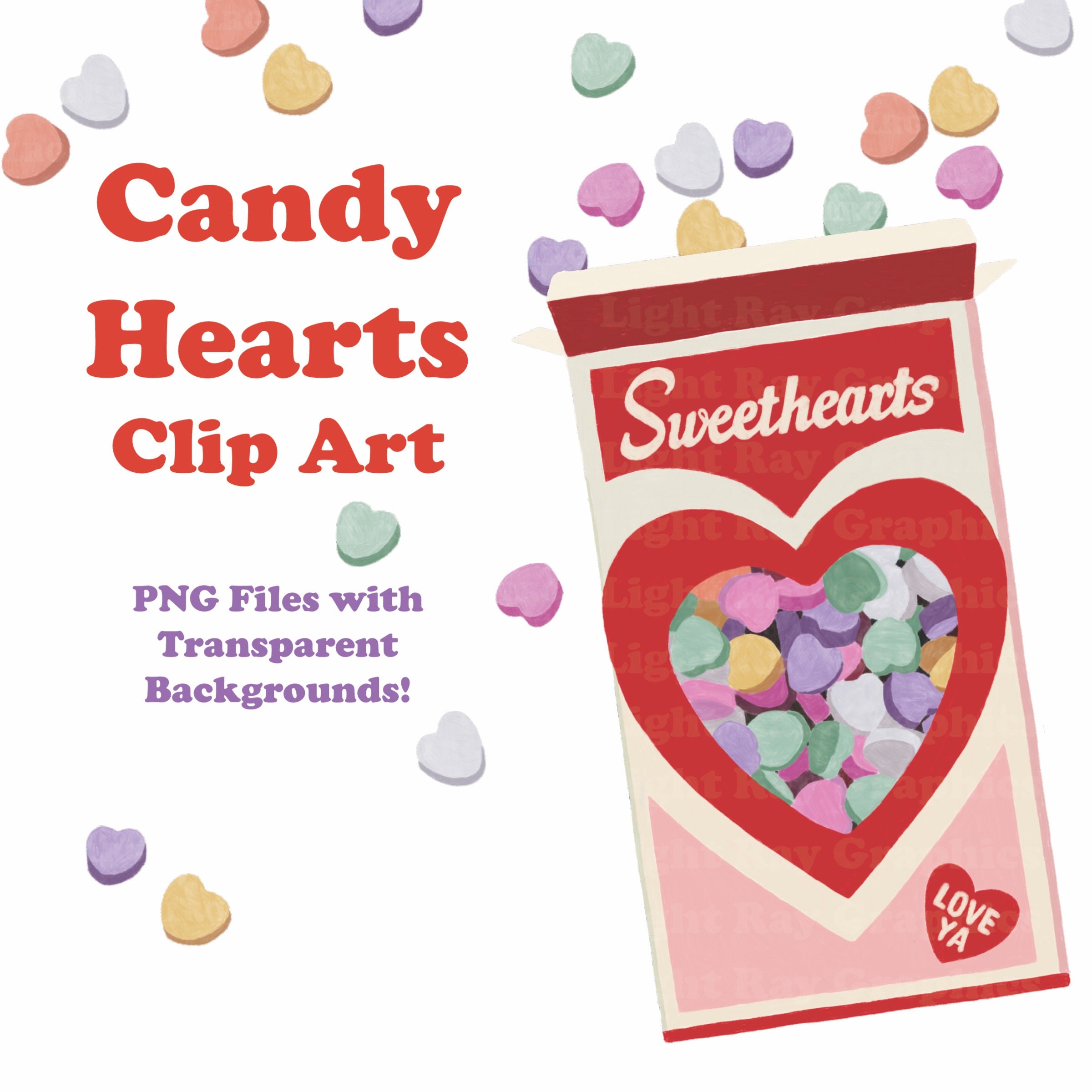 Valentines Candy Sweethearts Conversation Hearts Clip Art, Watercolor Valentines Candy Sweethearts Conversation Hearts Clip Art, Watercolor