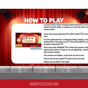 May include: A red and white illustrated game board with the text "SOFA GAMES" and "HOW TO PLAY". The game board has instructions on how to play a game using emojis. The instructions include using a timer, a hint button, and an answer button. The game board also has a section titled "SIMPLE RULES".