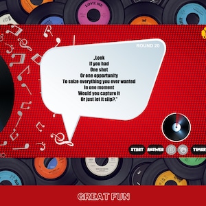 Pu&ograve; includere: Uno sfondo rosso con un fumetto bianco che contiene il testo "Look if you had one shot or one opportunity to seize everything you ever wanted in one moment. Would you capture it or just let it slip?" Il fumetto &egrave; sopra un disco in vinile nero con note musicali su uno sfondo rosso. Il testo "ROUND 20" &egrave; nella parte superiore dell'immagine. Il testo "GREAT FUN" &egrave; nella parte inferiore dell'immagine.
