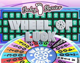 May include: A colorful wheel of fortune game with the words "Baby Shower Wheel of Luck" at the top. The wheel has different dollar amounts and the words "Bankrupt", "Lose a Turn", and "Free Spin".