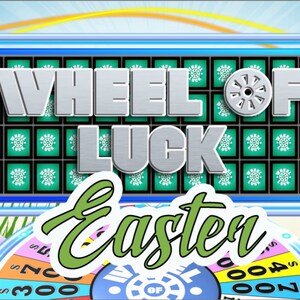 May include: A colorful Wheel of Fortune game show set with a green background and the words "Wheel of Luck" in silver letters. The word "Easter" is written in green letters on a white background. A spinning wheel with dollar amounts is visible in the bottom right corner.