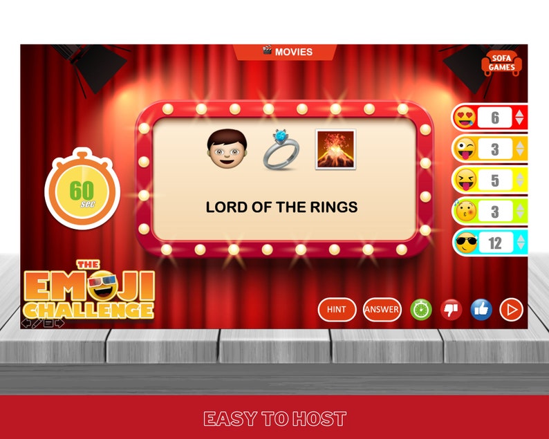 May include: A red and white game board with a timer, emojis, and the text "The Emoji Challenge". The game board is set up for a game about movies. The game board shows the movie "Lord of the Rings" with three emojis: a man, a ring, and a volcano.