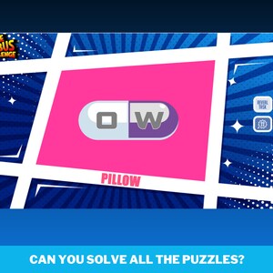 May include: A pink square with a white and purple pill inside. The word "PILLOW" is written below the pill. The text "CAN YOU SOLVE ALL THE PUZZLES?" is at the bottom of the image.
