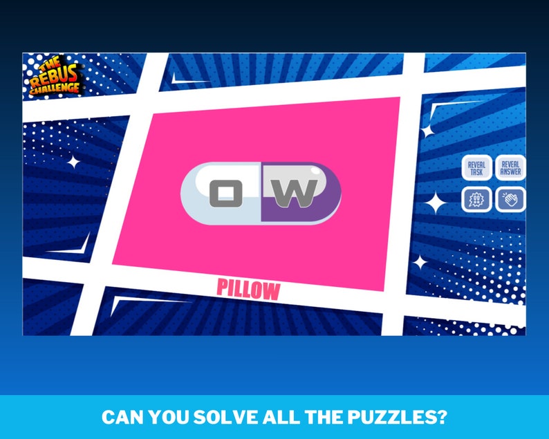 May include: A pink square with a white and purple pill inside. The word "PILLOW" is written below the pill. The text "CAN YOU SOLVE ALL THE PUZZLES?" is at the bottom of the image.