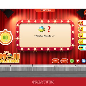 May include: A game screen with a red curtain background. The game is called "The Emoji Challenge". The game asks the player to guess the emoji that represents the phrase "Fish Are Friends...". The player has 60 seconds to answer. There are four emojis to choose from, each with a score next to it. The emojis are a smiling face with hearts for eyes, a winking face, a laughing face, and a face with sunglasses.