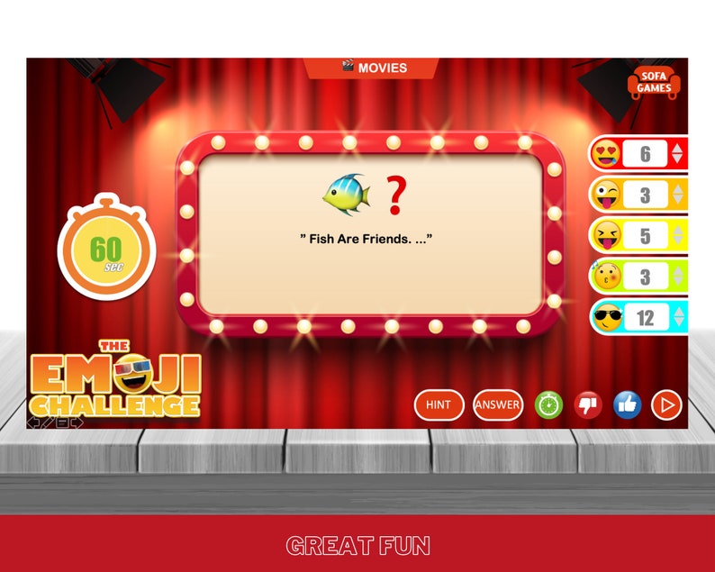 May include: A game screen with a red curtain background. The game is called "The Emoji Challenge". The game asks the player to guess the emoji that represents the phrase "Fish Are Friends...". The player has 60 seconds to answer. There are four emojis to choose from, each with a score next to it. The emojis are a smiling face with hearts for eyes, a winking face, a laughing face, and a face with sunglasses.