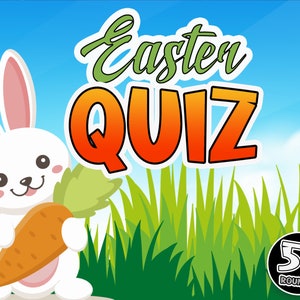 May include: A cartoon illustration for an Easter quiz. A white bunny holding a large orange carrot stands in front of green grass and a blue sky. The words "Easter QUIZ" are in large, colorful letters. A small circle indicates "50 ROUNDS".