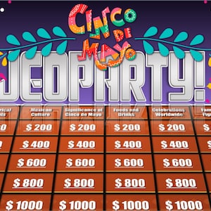 Puede incluir: Un tablero de juego Jeopardy del Cinco de Mayo con categorías como Eventos Históricos y Cultura Mexicana. El tablero presenta cantidades de dinero de 200 a 1000 euros, con un diseño floral y decorativo vibrante.