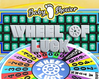 May include: A colorful wheel of fortune game with a baby footprint and the text "Baby Shower Wheel of Luck". The wheel has different dollar amounts, including $300, $400, $500, $650, $700, and $450.