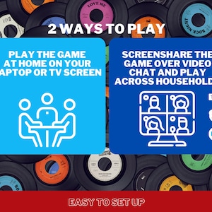 Pu&ograve; includere: Due modi per giocare a un gioco: a casa su un laptop o uno schermo TV, o condividere lo schermo del gioco tramite chat video e giocare in diverse case. L'immagine mostra un'illustrazione blu e bianca di tre persone sedute a un tavolo, e un'illustrazione blu e bianca di uno schermo di computer con quattro finestre di chat video. Il testo "2 Ways to Play" &egrave; in rosso e bianco, e il testo "Easy to Set Up" &egrave; in rosso.