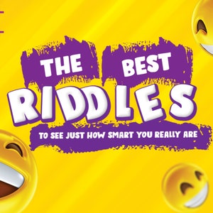Könnte beinhalten: Ein gelber Hintergrund mit violetten Farbflecken und dem Text "THE BEST RIDDLES TO SEE JUST HOW SMART YOU REALLY ARE". Es gibt mehrere gelbe Smiley-Gesichter mit geschlossenen Augen und einem breiten Lächeln.