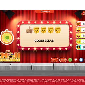 May include: A red curtain backdrop with a movie-themed game show set. The game is called "The Emoji Challenge" and features a 60-second timer, a thumbs up emoji, and the movie title "Goodfellas".