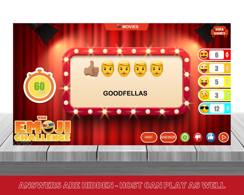 May include: A red curtain backdrop with a movie-themed game show set. The game is called "The Emoji Challenge" and features a 60-second timer, a thumbs up emoji, and the movie title "Goodfellas".