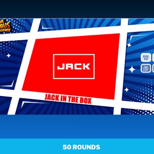 May include: A blue and white comic book style background with a red rectangle in the center. The rectangle has the word "JACK" in white letters inside and the words "JACK IN THE BOX" below it. The words "REVEAL TASK" and "REVEAL ANSWER" are in white boxes at the top right of the image. The words "50 ROUNDS" are at the bottom of the image.