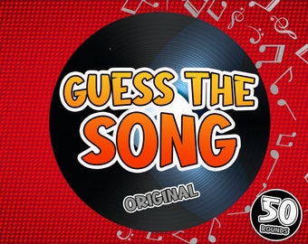 May include: A black vinyl record with the text "GUESS THE SONG ORIGINAL" in yellow and orange letters. A black circle with the text "50 ROUNDS" is in the bottom right corner of the image.