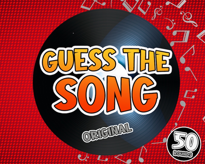 Pu&ograve; includere: Un disco in vinile nero con il testo "GUESS THE SONG ORIGINAL" in lettere gialle e arancioni. Un cerchio nero con il testo "50 ROUNDS" si trova nell'angolo in basso a destra dell'immagine.
