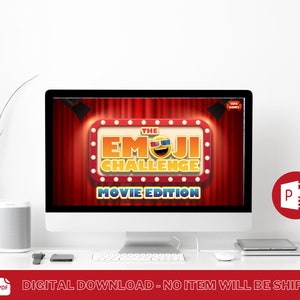 May include: A computer screen displaying a digital download for a game called "The Emoji Challenge: Movie Edition". The game is a PowerPoint presentation with a red curtain background and a title card featuring a 3D emoji wearing sunglasses. The text "SOFA GAMES" is visible in the upper right corner of the screen.