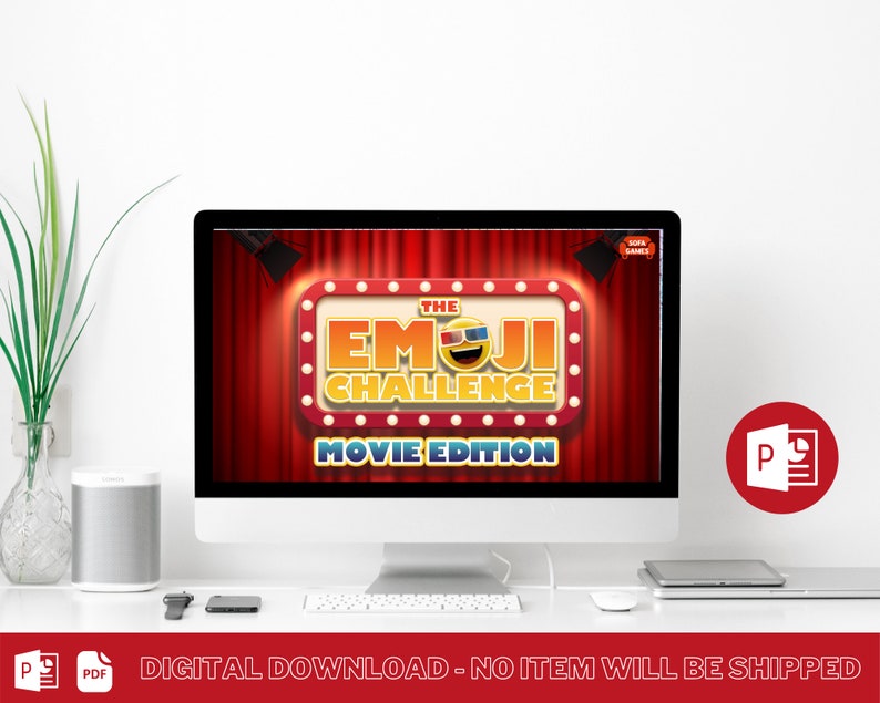 May include: A computer screen displaying a digital download for a game called "The Emoji Challenge: Movie Edition". The game is a PowerPoint presentation with a red curtain background and a title card featuring a 3D emoji wearing sunglasses. The text "SOFA GAMES" is visible in the upper right corner of the screen.