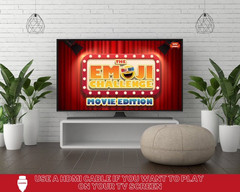 May include: A television screen displaying the game "The Emoji Challenge: Movie Edition". The screen is on a white shelf with a light brown ottoman in front of it. The text "USE A HDMI CABLE IF YOU WANT TO PLAY ON YOUR TV SCREEN" is at the bottom of the image.