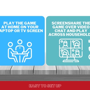 May include: Two blue and green squares with white text and icons. The left square says "Play the game at home on your laptop or TV screen" and has an icon of four people sitting around a table. The right square says "Screenshare the game over video chat and play across households" and has an icon of a computer screen with four video chat windows. The text "EASY TO SET UP" is in red at the bottom of the image.