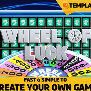 以下が含まれることがあります： 「WHEEL OF LUCK」と「FAST & SIMPLE TO CREATE YOUR OWN GAME」というテキストが書かれた、カラフルな運命の輪ゲームテンプレートです。