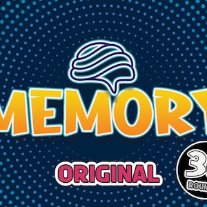 May include: A blue and yellow graphic with the word "MEMORY" in large, bold letters. A stylized brain icon is above the word. The text "ORIGINAL" is below the word "MEMORY" in pink letters. A black circle with white text says "30 ROUNDS" in the lower right corner.