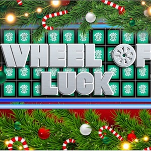 May include: A festive illustration featuring the text "WHEEL OF LUCK" in silver against a backdrop of green squares with white symbols. Christmas decorations, including ornaments, candy canes, and garland, frame the design.