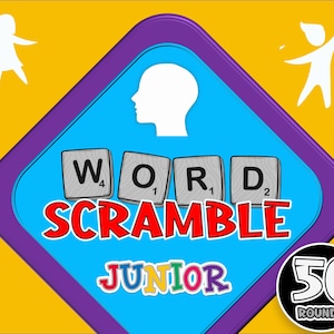 May include: A blue and purple diamond-shaped game board with the words "Word Scramble Junior" and "50 Rounds". The board features a silhouette of a head and the letters "W, O, R, D" with point values.