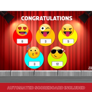 May include: A red curtain backdrop with a stage light and a scoreboard featuring five emojis with scores. The scoreboard reads "CONGRATULATIONS" and "AUTOMATED SCOREBOARD INCLUDED".