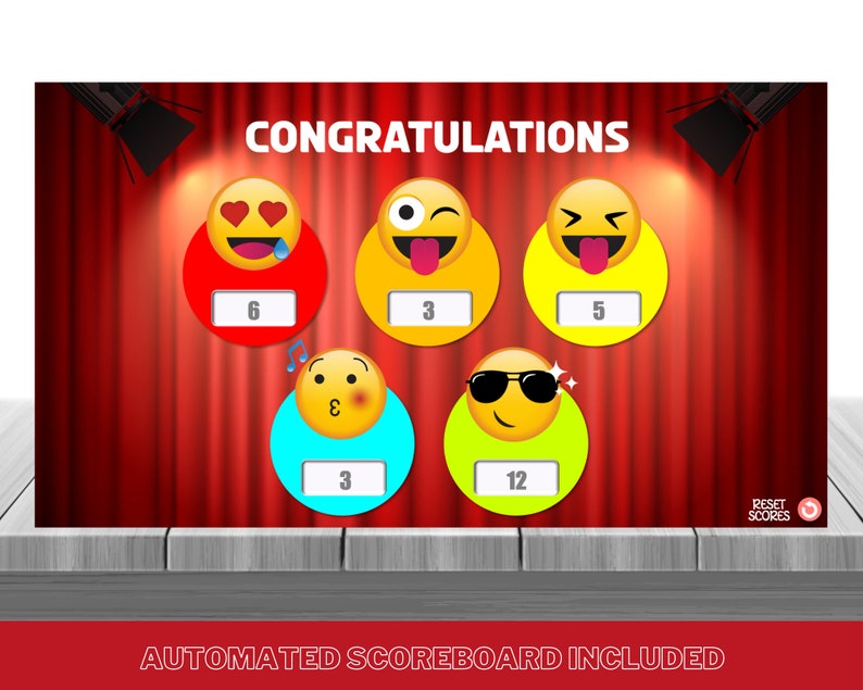 May include: A red curtain backdrop with a stage light and a scoreboard featuring five emojis with scores. The scoreboard reads "CONGRATULATIONS" and "AUTOMATED SCOREBOARD INCLUDED".