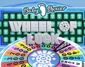 May include: A blue and silver game show set with a large wheel of fortune. The wheel has dollar amounts from $300 to $5000. The game show is called "Baby Shower Wheel of Luck".