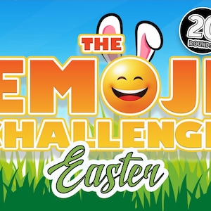 May include: A colorful graphic with the text "The Emoji Challenge Easter" in orange and yellow. A smiling emoji with bunny ears is in the center of the graphic. The text "20 Rounds" is in a black circle with white text.