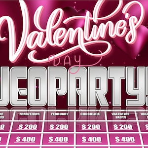Op de afbeelding: Een Jeopardy!-spelbord met Valentijnsthema met een roze en rode achtergrond en hartvormige ballonnen. Het spelbord bevat categorieën als Liefdesliedjes, Tradities en Chocolade, met bedragen.
