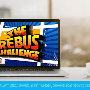May include: A laptop computer screen displaying a comic book style graphic with the text "THE REBUS CHALLENGE". The screen also shows a video call with two people. The text "PLAY VIA ZOOM, MS TEAMS, GOOGLE MEET OR SKYPE" is displayed below the laptop.