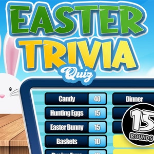 May include: A digital game board with a white bunny peeking out from the left side. The board is blue and yellow with a black circle that says "15 ROUNDS". The board has a list of categories: Candy, Hunting Eggs, Easter Bunny, Baskets, and Dinner. Each category has a number of points associated with it. The game is called "Easter Trivia Quiz".