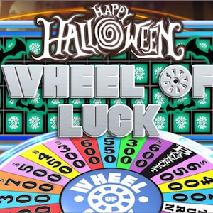 Puede incluir: Un juego digital de la Rueda de la Fortuna con temática de Halloween. El juego presenta una rueda colorida con cantidades en dólares, el texto "WHEEL OF LUCK" y las palabras "HAPPY HALLOWEEN" en la parte superior. El fondo incluye murciélagos y cuadrados verdes.