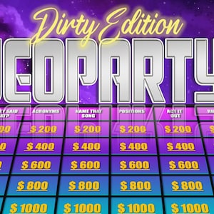 Könnte beinhalten: Ein Spielbrett für "Dirty Edition Jeopardy!" mit einem lila und blauen Hintergrund. Die Kategorien umfassen "Disney Said That?" und "Akronyme". Jede Kategorie hat Werte von 200€ bis 1000€. Der Titel ist silberfarben.
