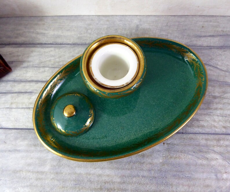 Ink Rest Green and Gold Porcelain Ink Stand Made in England by T. Goode and Co ...