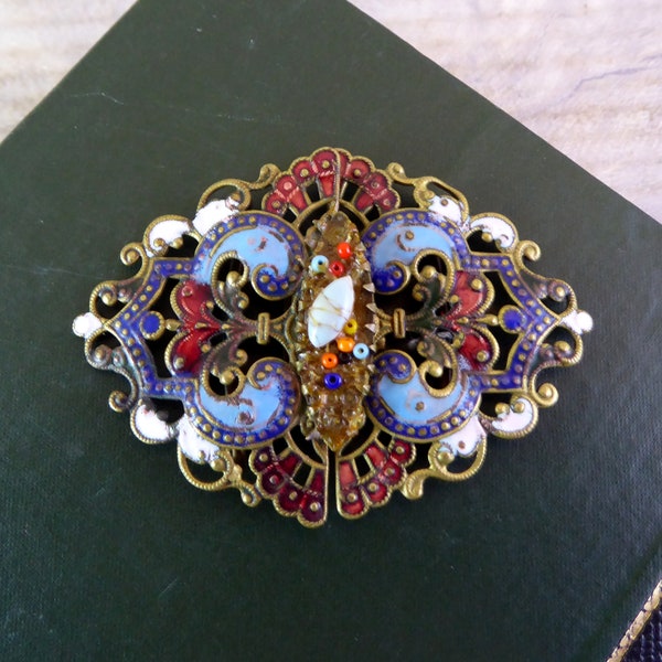 Antique Edwardian ornate enamelled brass nurse's belt buckle / Art Nouveau belt clasp / c.1910