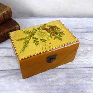 Vintage small wooden 'From a Friend' trinket box / wooden friendship box / wood keepsake box / Edwardian