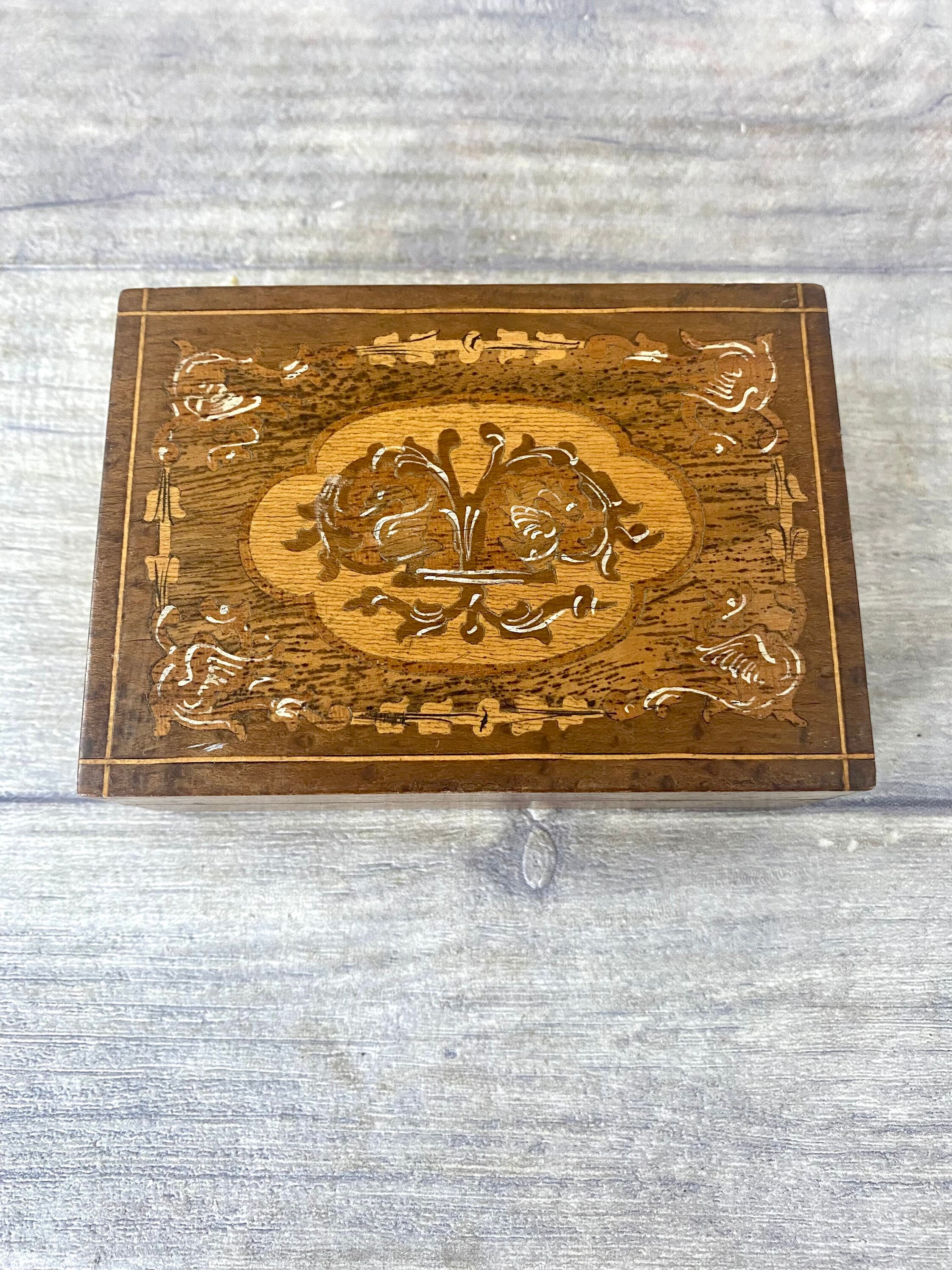 Vintage Small Wooden Inlaid and Hand-painted Trinket Box / Chinese